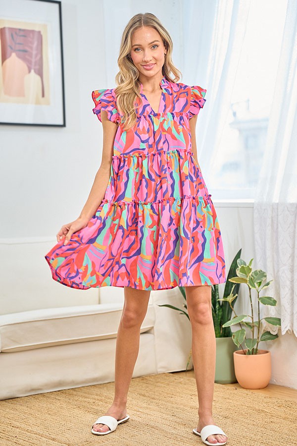 First Love Full Size Printed Ruffle Cap Sleeve Tiered Dress - Charming Charlie