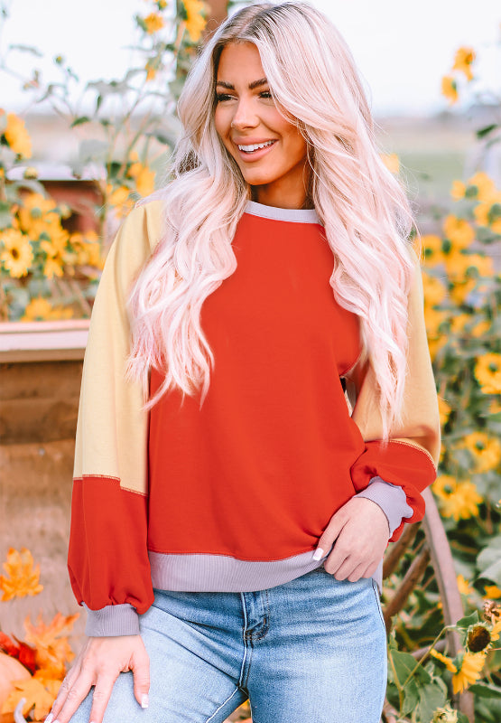 Color Block Round Neck Long Sleeve Sweatshirt - Charming Charlie
