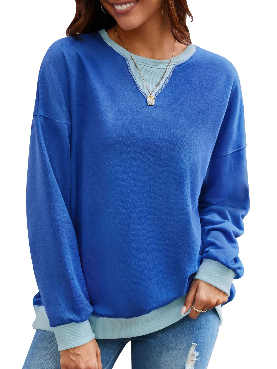 Contrast Round Neck Long Sleeve Sweatshirt - Charming Charlie
