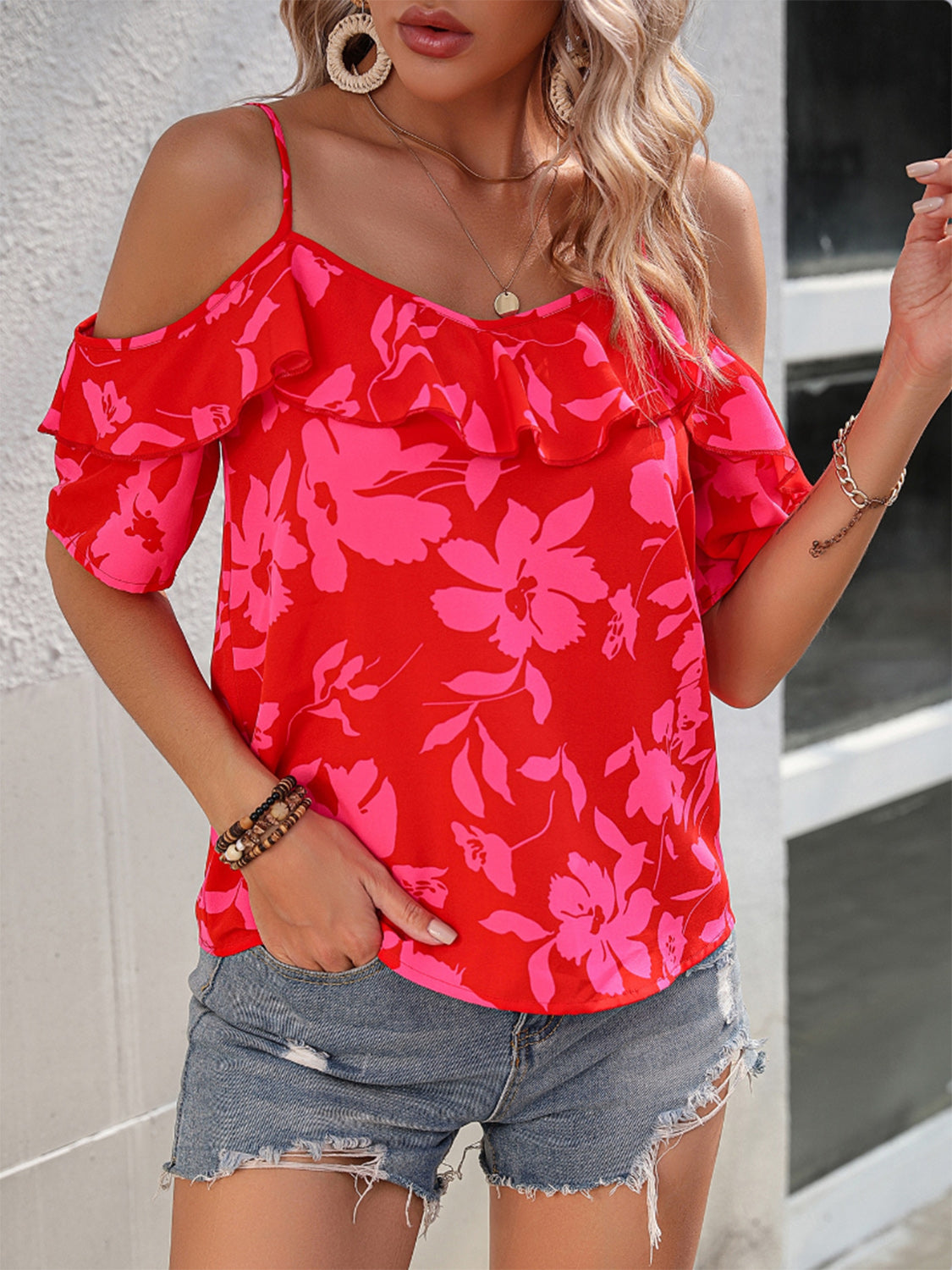 Ruffled Printed Short Sleeve Blouse - Charming Charlie
