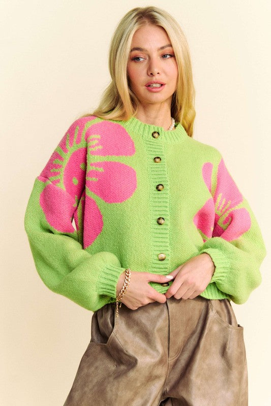 Davi & Dani Flower Contrast Round Neck Long Sleeve Cardigan - Charming Charlie