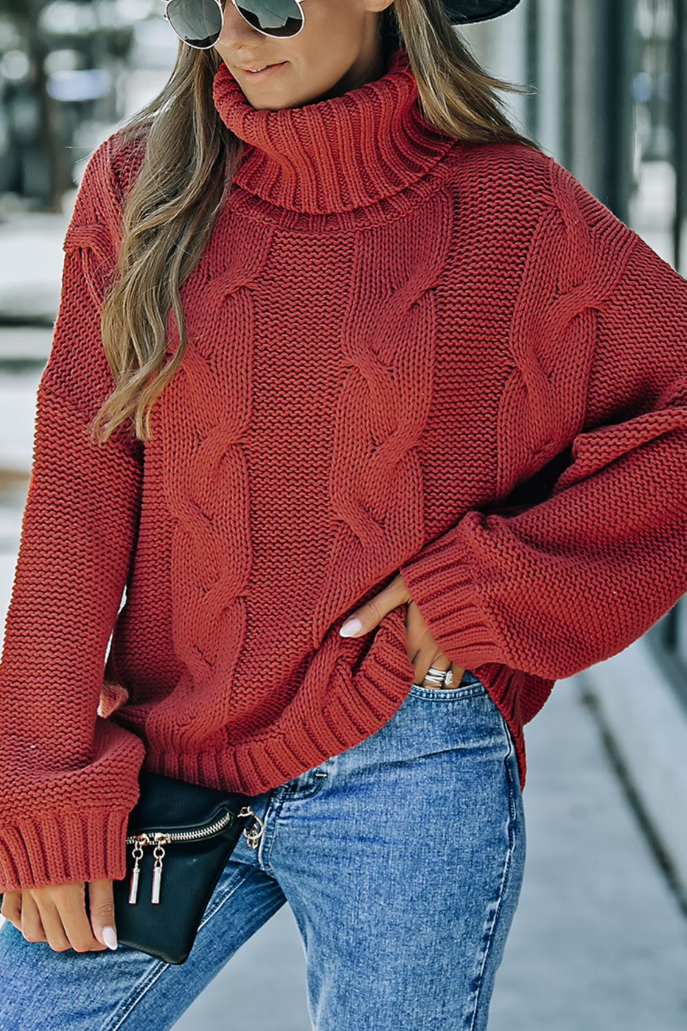 Cable-Knit Turtleneck Dropped Shoulder Sweater - Charming Charlie