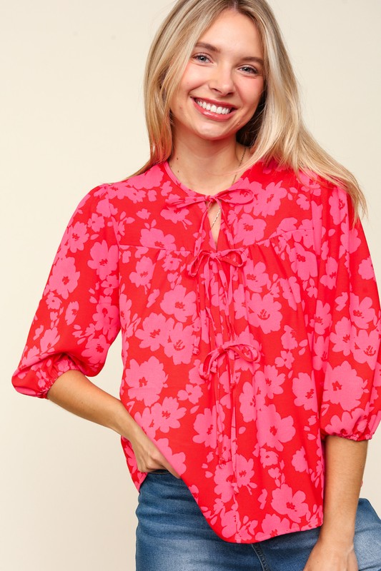 Haptics Full Size Ribbon Bow Floral Balloon Sleeve Blouse - Charming Charlie