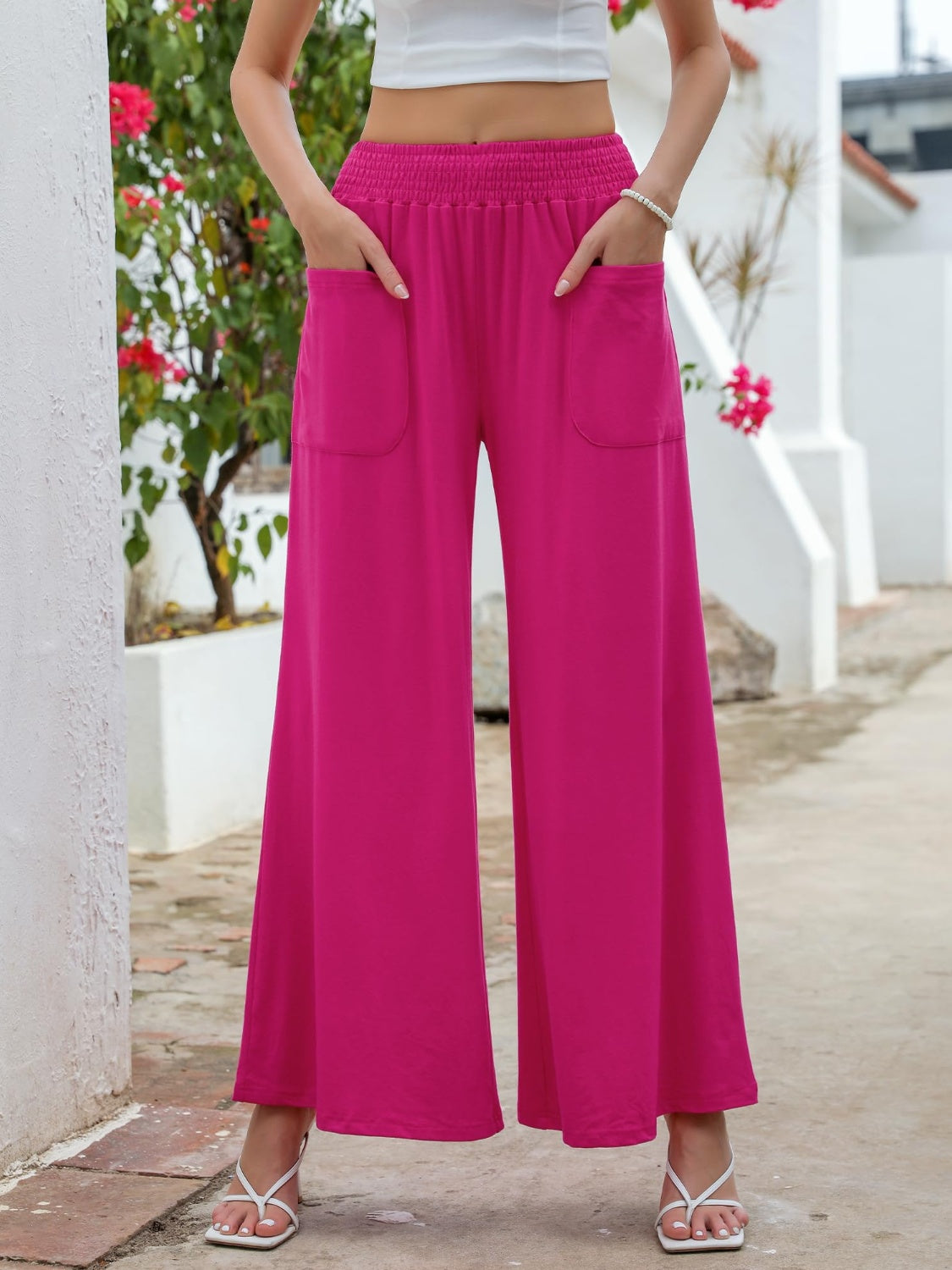 Pocketed Elastic Waist Wide Leg Pants - Charming Charlie