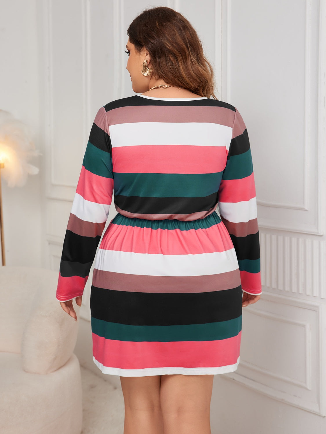 Plus Size Striped V-Neck Long Sleeve Mini Dress - Charming Charlie
