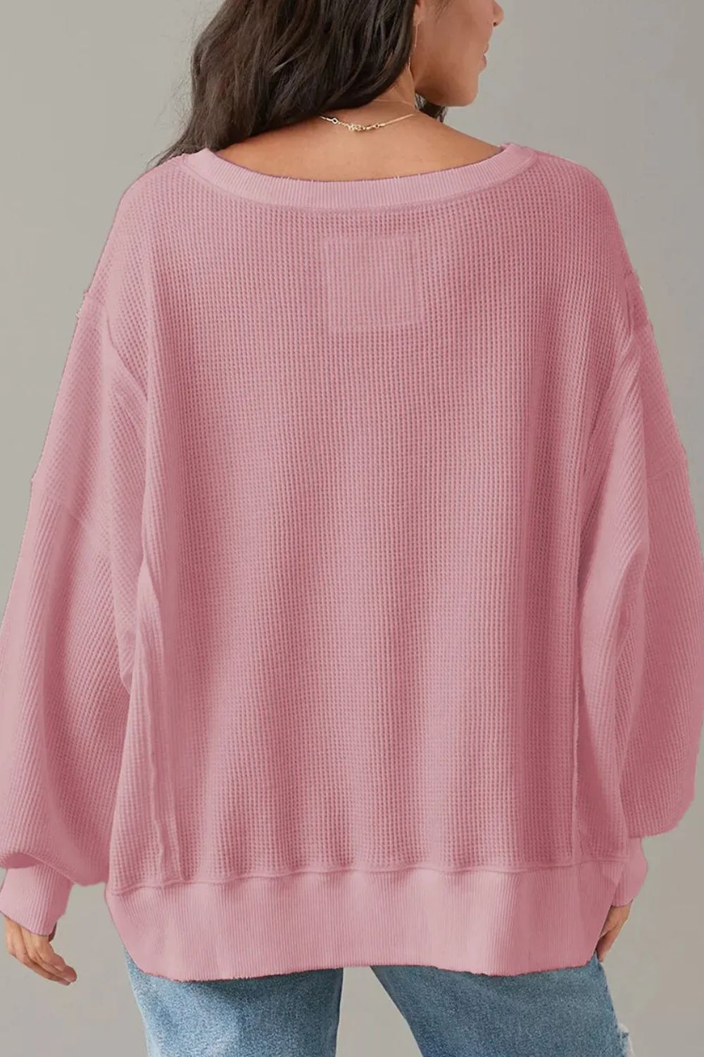 Slit Waffle-Knit Round Neck Long Sleeve Top - Charming Charlie