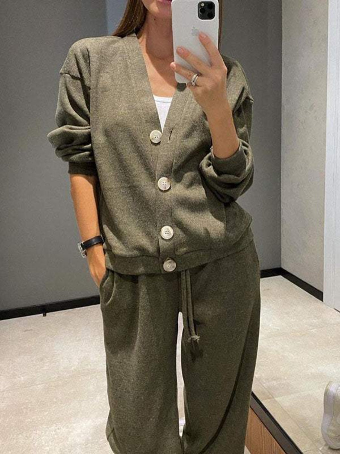 Full Size Button Up Long Sleeve Top and Pants Set - Charming Charlie