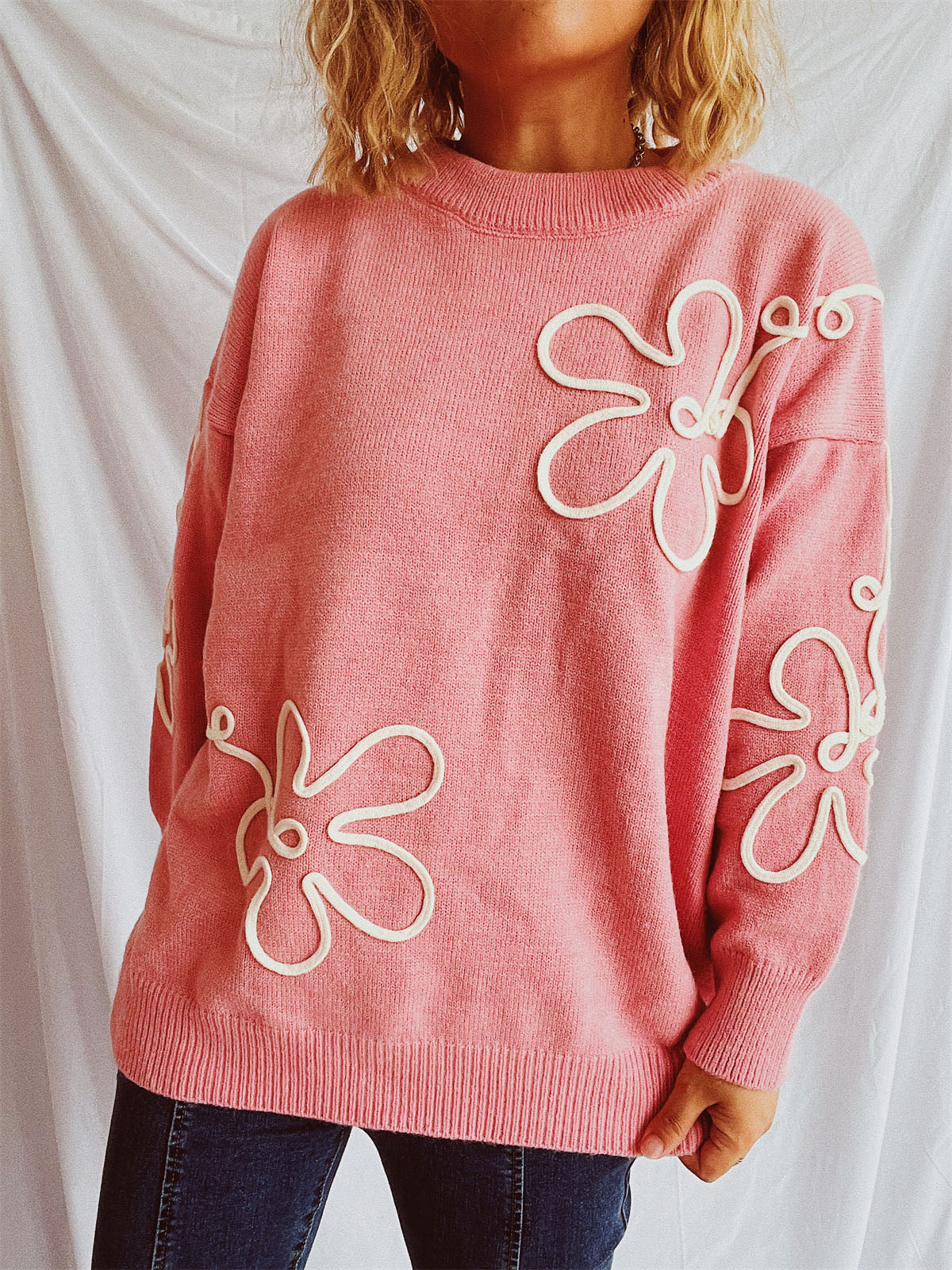 Flower Round Neck Long Sleeve Sweater - Charming Charlie