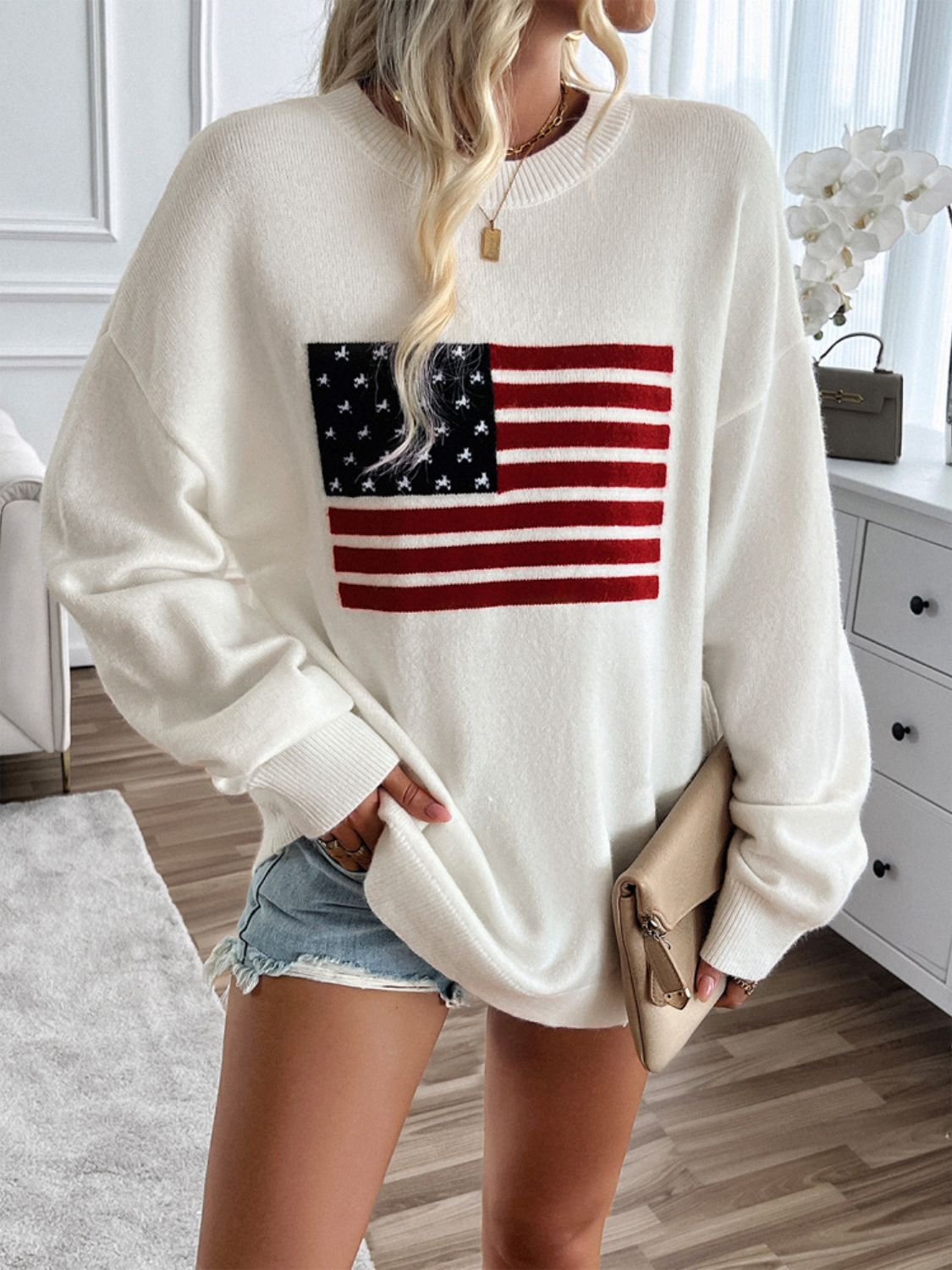 Devine US Flag Round Neck Long Sleeve Knit Top - Charming Charlie
