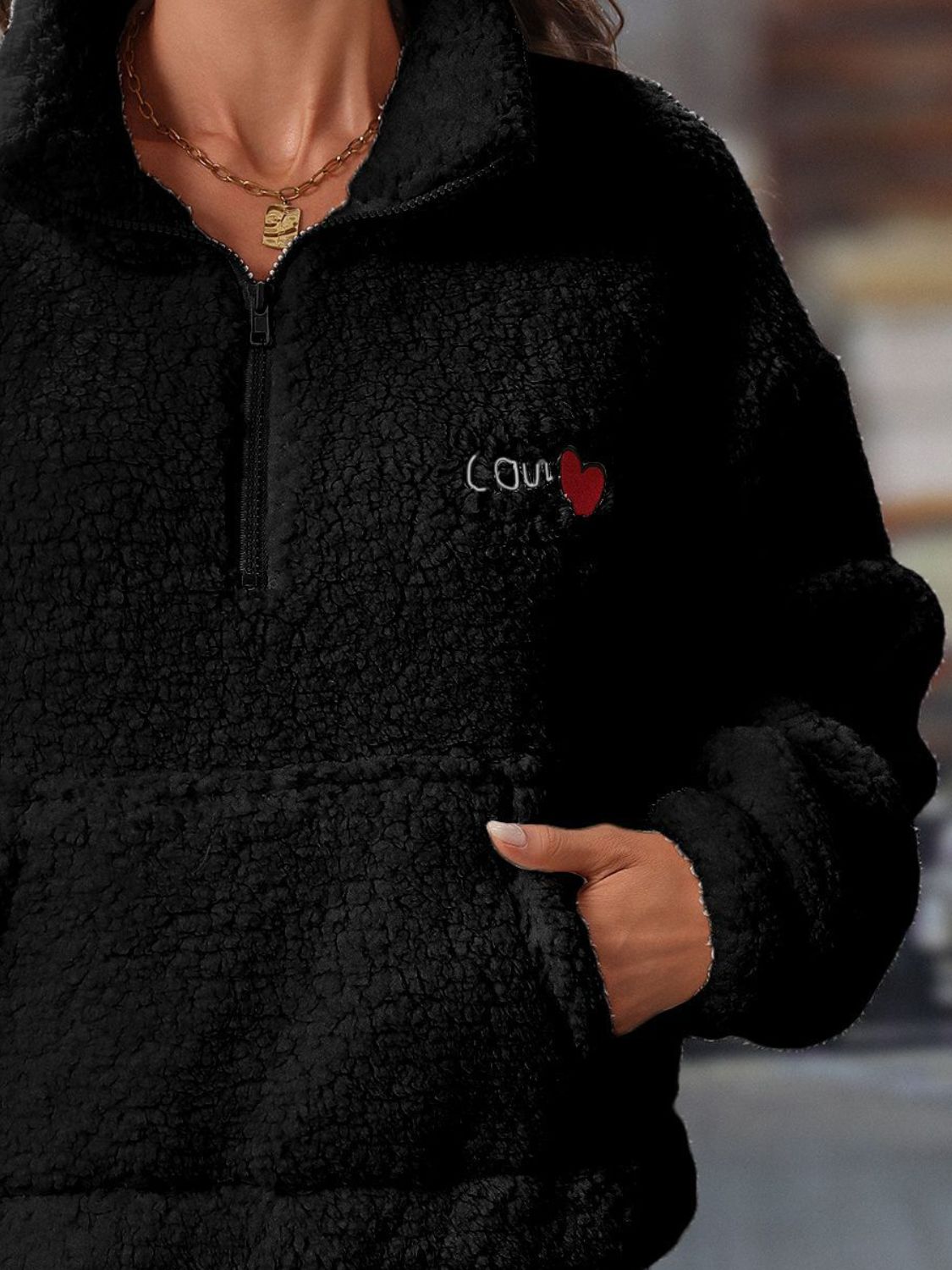 Heart Half Zip Long Sleeve Teddy Sweatshirt - Charming Charlie