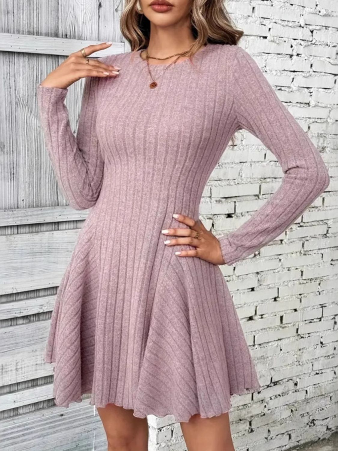 Ribbed Round Neck Long Sleeve Mini Dress - Charming Charlie