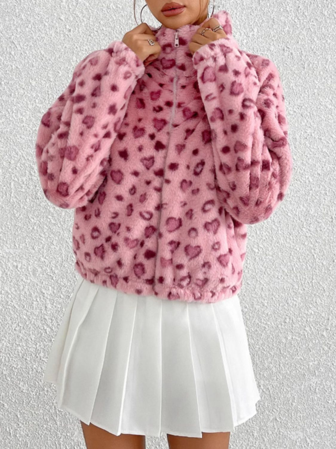 Leopard Zip Up Long Sleeve Furry Jacket - Charming Charlie