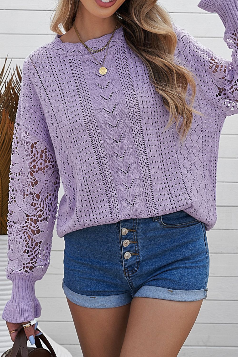 Openwork Round Neck Long Sleeve Sweater - Charming Charlie