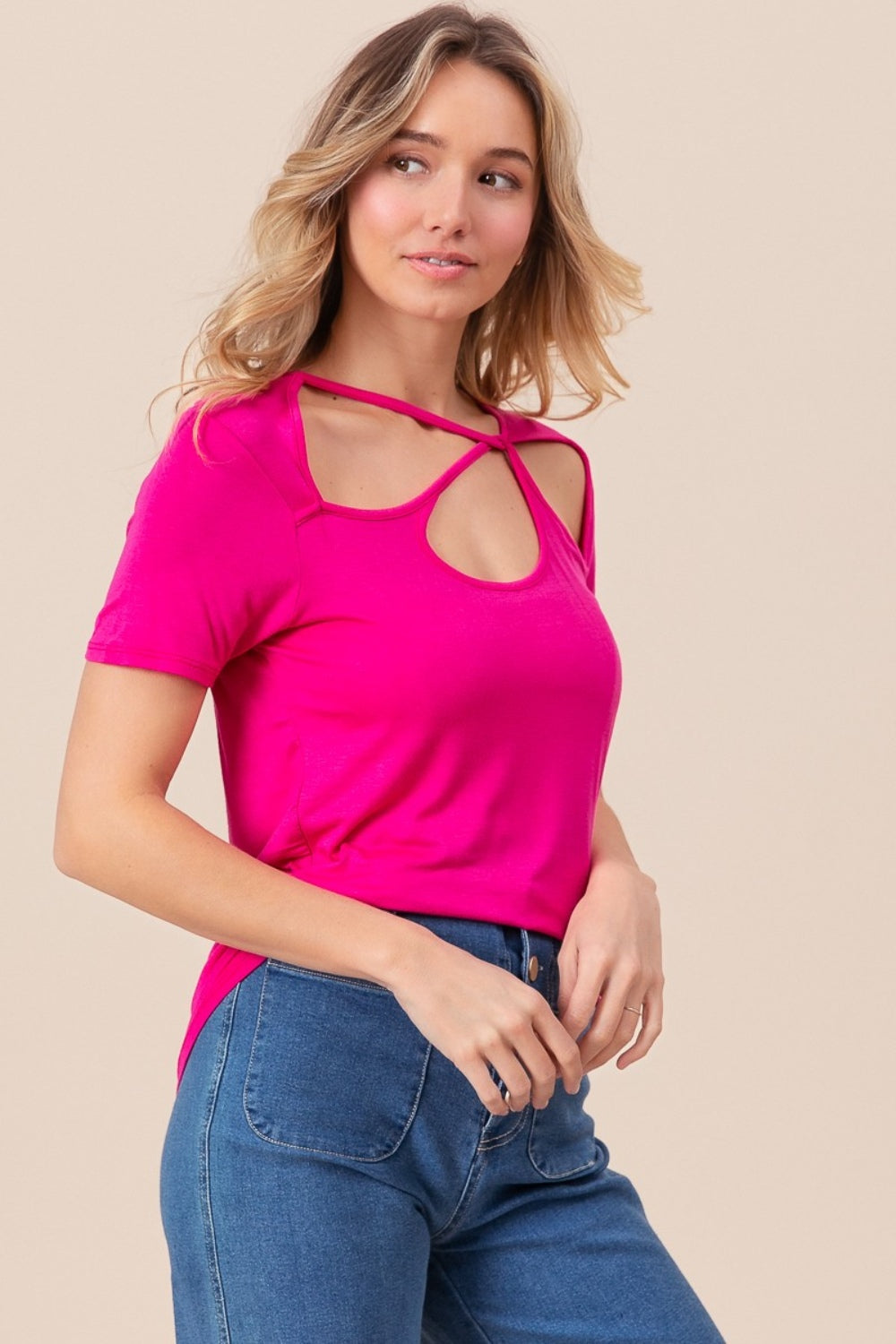 BiBi Cutout Asymmetrical Neck Short Sleeve T-Shirt - Charming Charlie