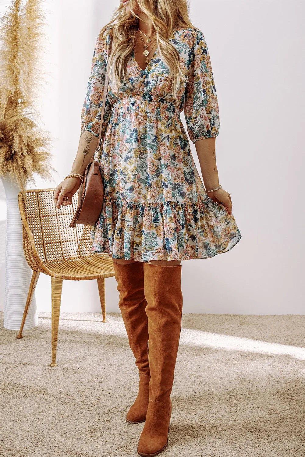 Printed V-Neck Half Sleeve Dress - Charming Charlie