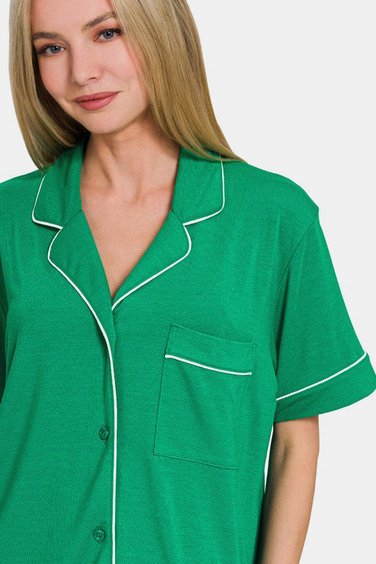 Zenana Button Down Short Sleeve Top and Shorts Lounge Set - Charming Charlie