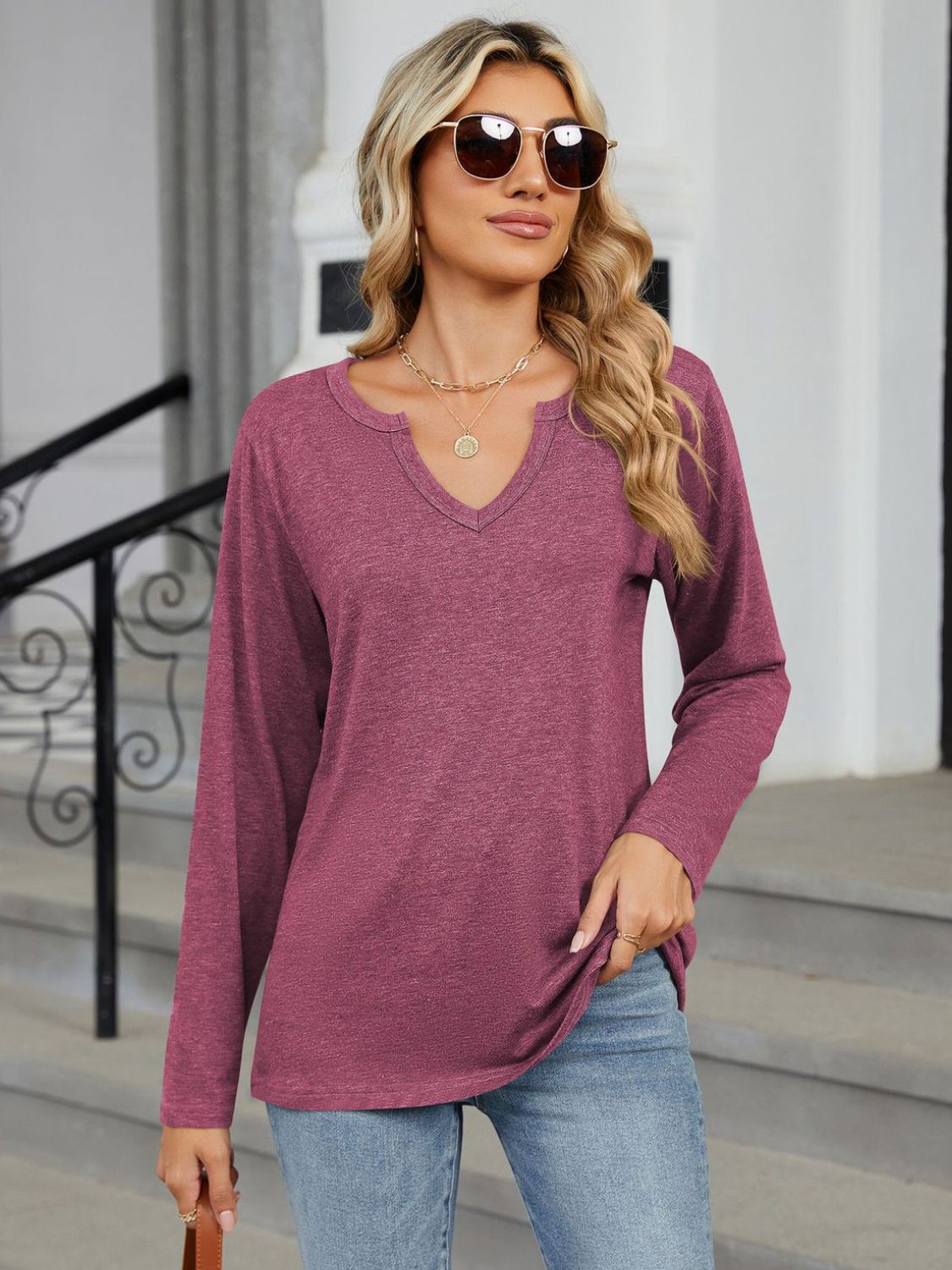 Notched Long Sleeve T-Shirt - Charming Charlie