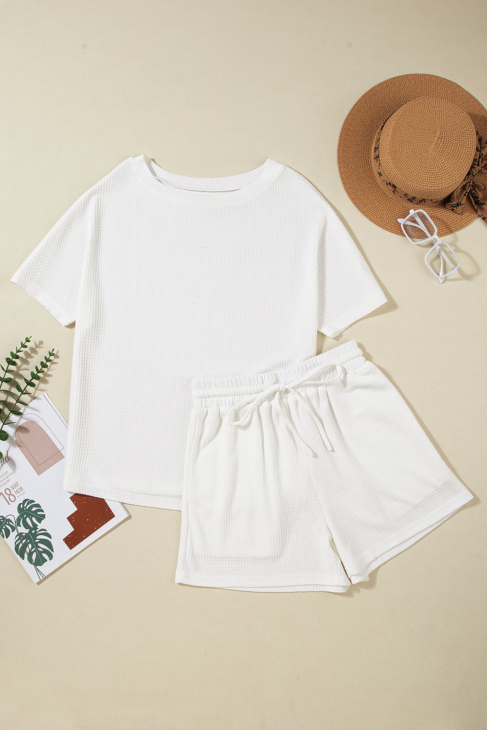Round Neck Short Sleeve Top and Drawstring Shorts Set - Charming Charlie