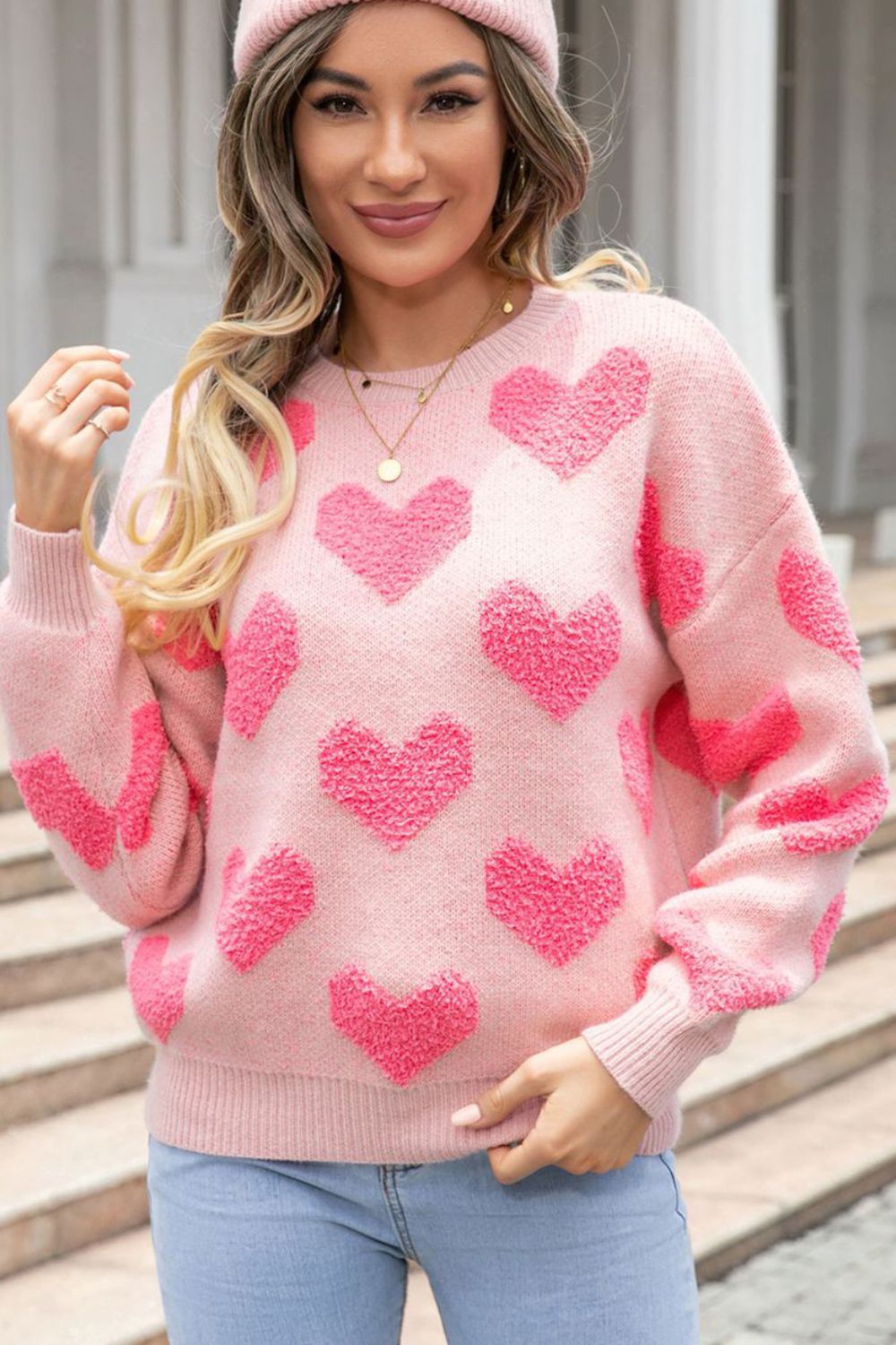 Valentine's Day Heart Jacquard Round Neck Sweater - Charming Charlie
