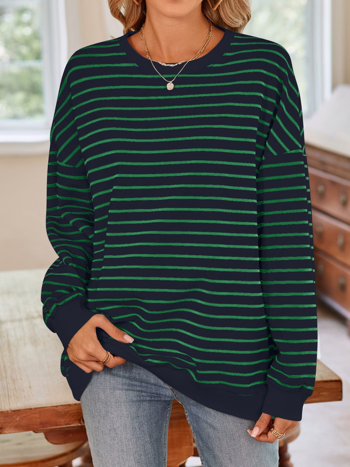 Striped Round Neck Long Sleeve Sweatshirt - Charming Charlie
