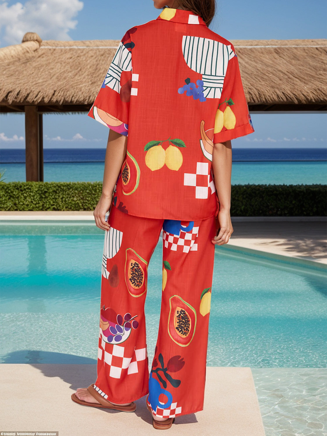 Printed Dropped Shoulder Top and Wide Leg Pants Set - Charming Charlie