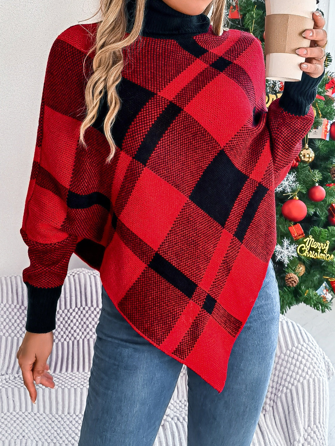 Plaid Turtleneck Batwing Sleeve Sweater - Charming Charlie
