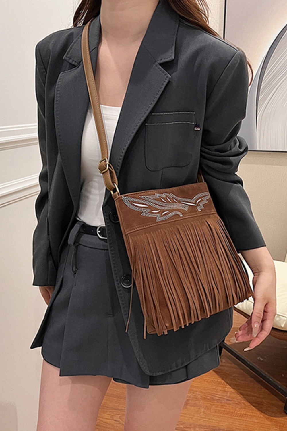 Suede Fringe Adjustable Strap Shoulder Bag - Charming Charlie
