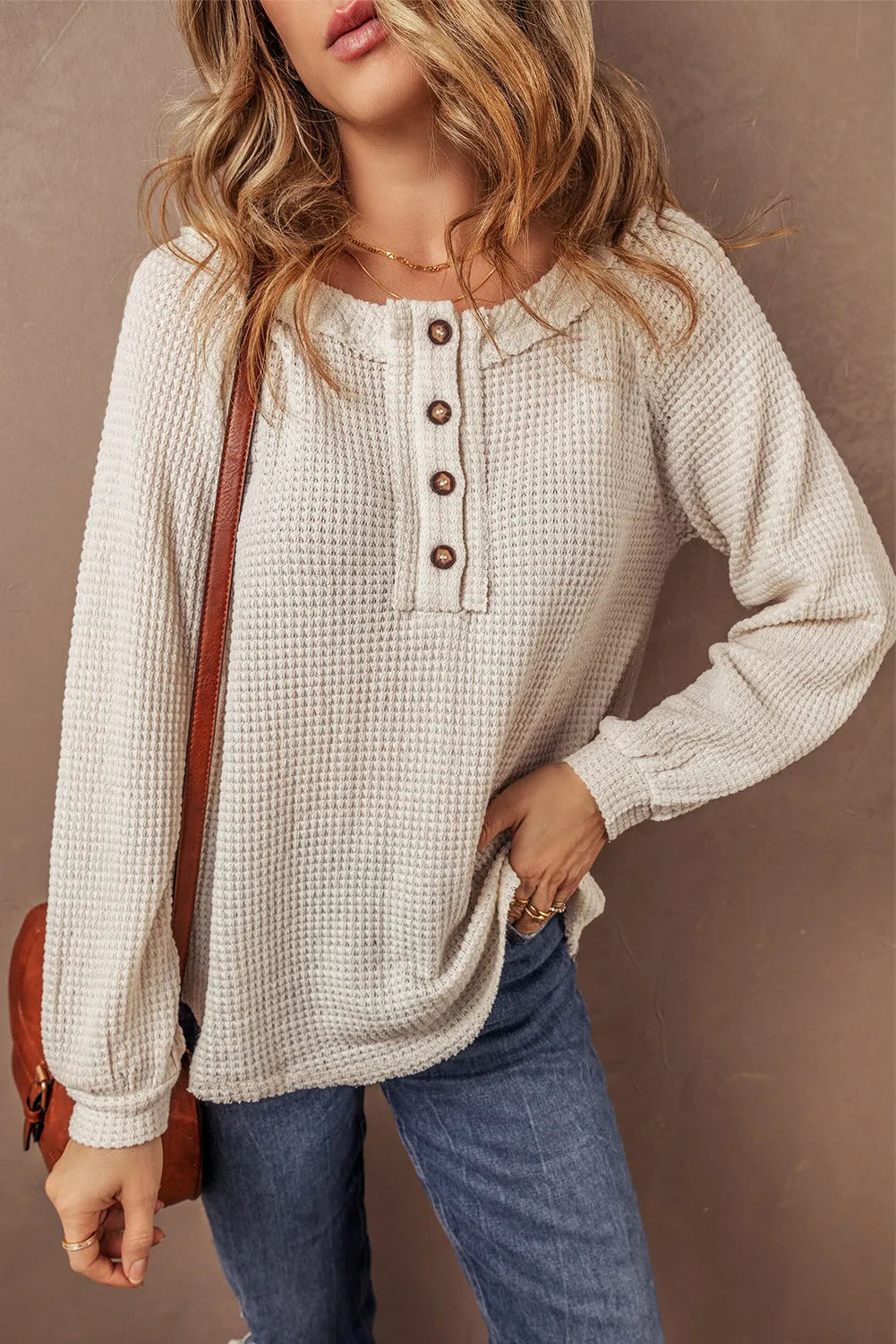 Waffle-Knit Half Button Round Neck Long Sleeve Top - Charming Charlie