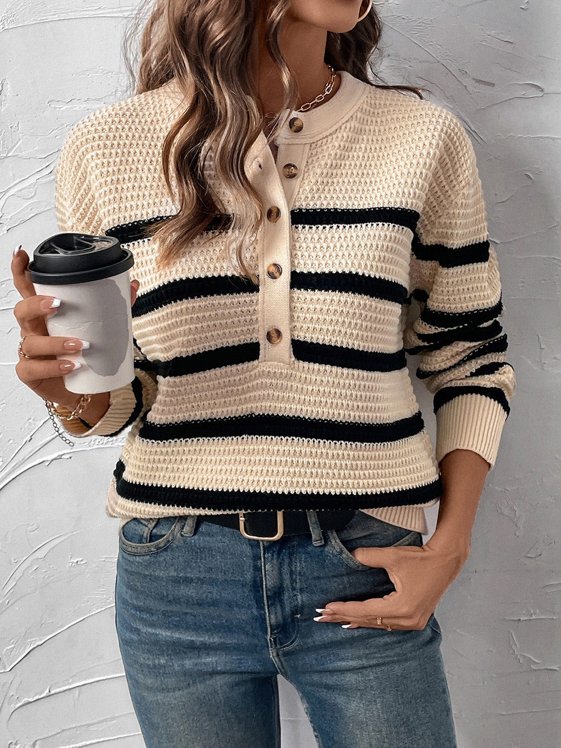 Perfee Striped Half Button Long Sleeve Sweater - Charming Charlie