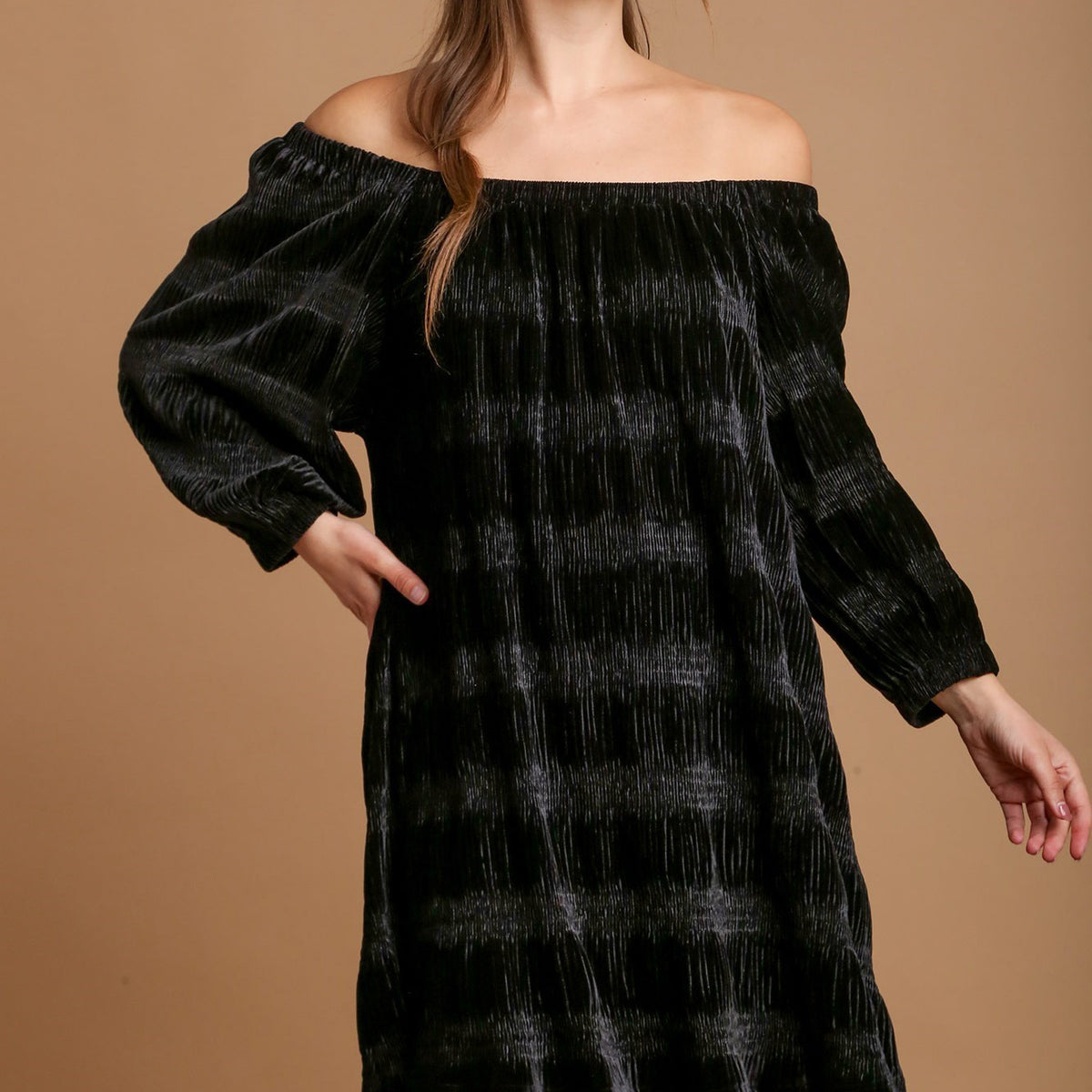 Umgee French Terry Balloon Sleeve Shift Dress with Leopard Print Detail