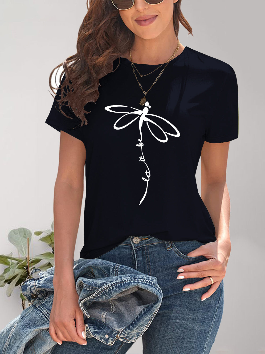 Dragonfly Graphic Round Neck Short Sleeve T-Shirt - Charming Charlie