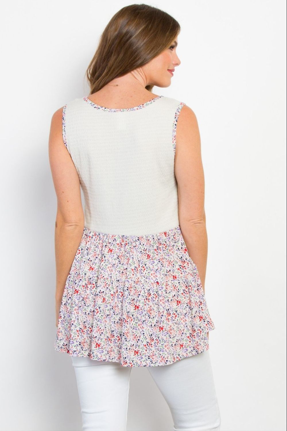 Be Stage Full Size Smocked Printed Peplum Sleeveless Top - Charming Charlie