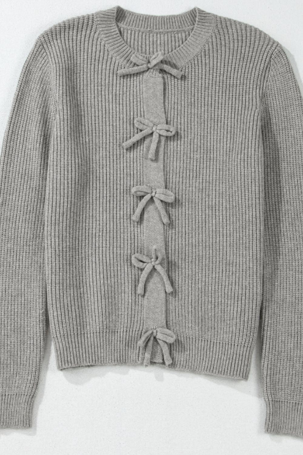 Bow Round Neck Long Sleeve Cardigan - Charming Charlie