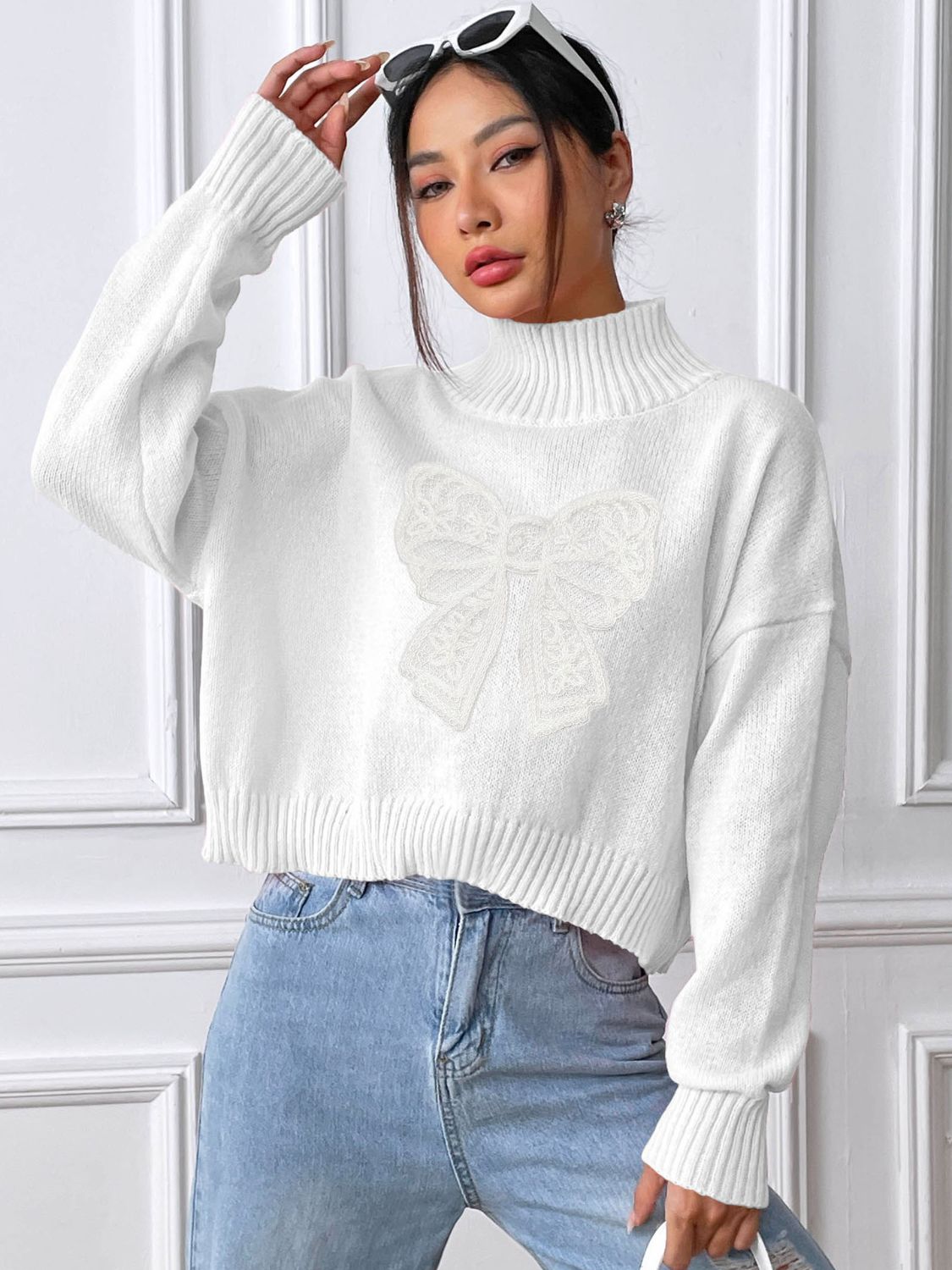 Bow Turtleneck Long Sleeve Sweater - Charming Charlie