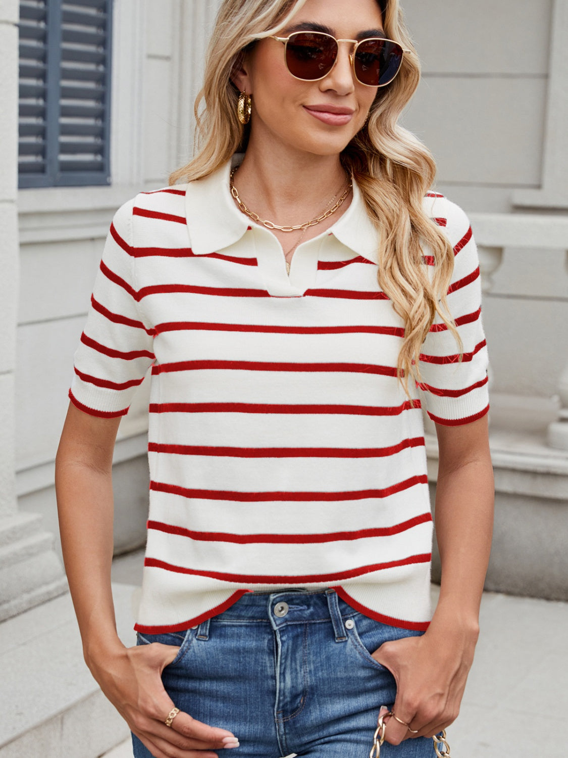 Striped Johnny Collar Short Sleeve Sweater - Charming Charlie