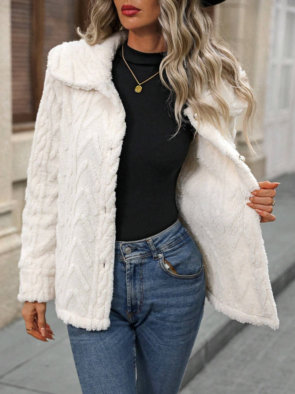 Fuzzy Texture Button Up Collared Neck Coat - Charming Charlie