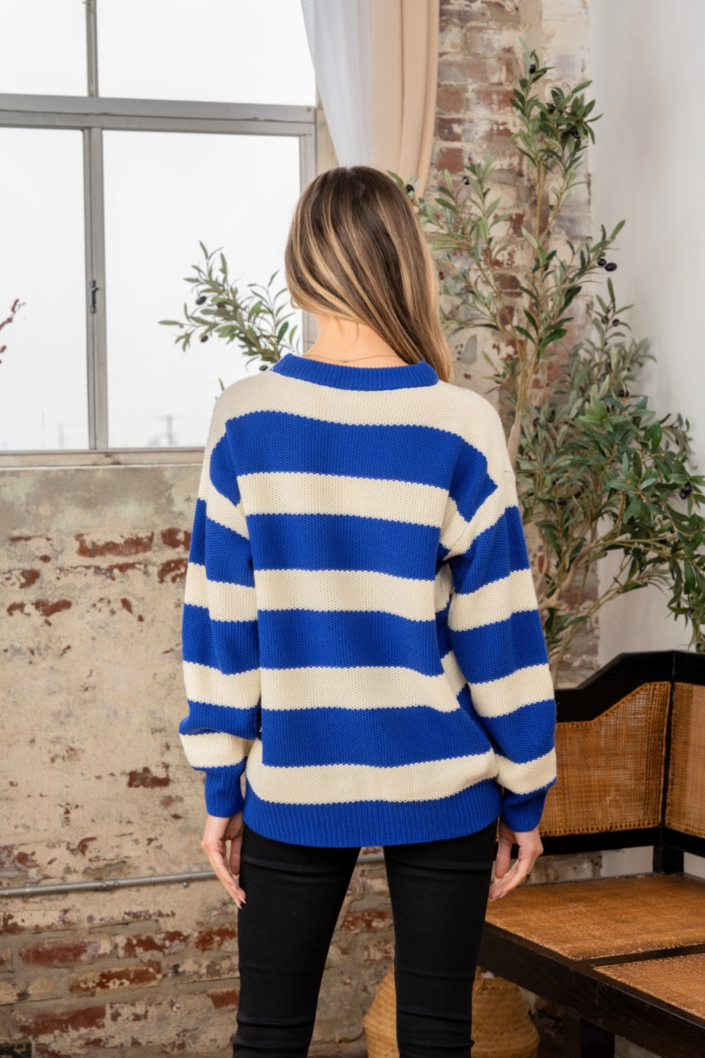 Sew In Love Full Size Contrast Striped Round Neck Sweater - Charming Charlie