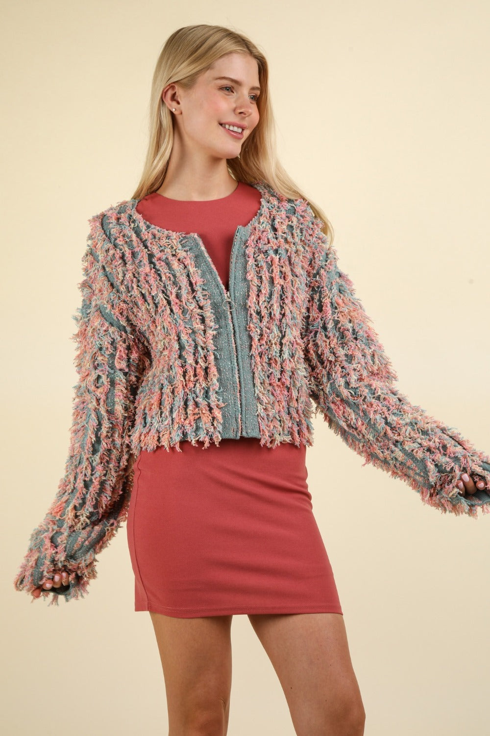 VERY J Shaggy Yarn Knit Zip Up Jacket - Charming Charlie