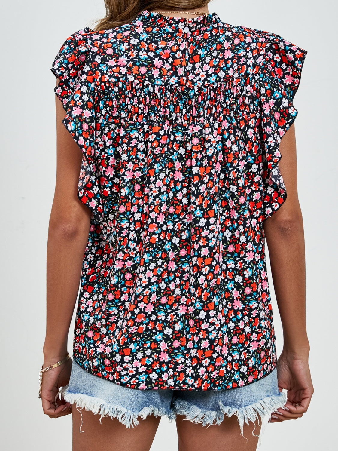 Ruffled Ditsy Floral Mock Neck Cap Sleeve Blouse - Charming Charlie