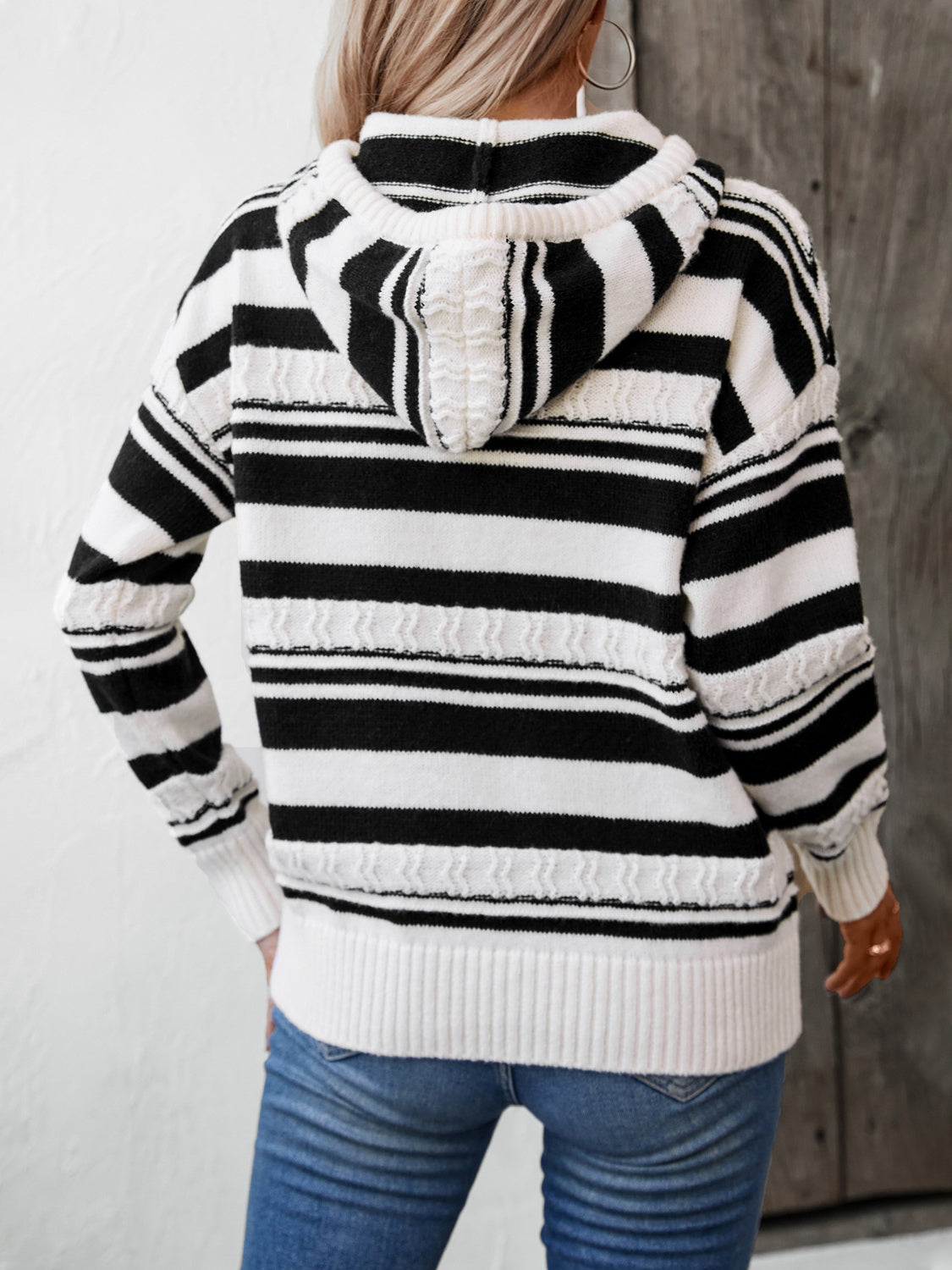 Drawstring Striped Long Sleeve Hooded Sweater - Charming Charlie