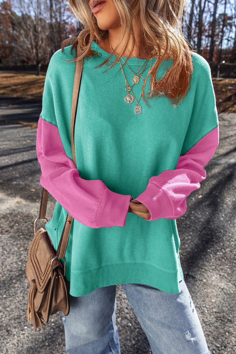 Contrast Round Neck Long Sleeve Sweatshirt - Charming Charlie