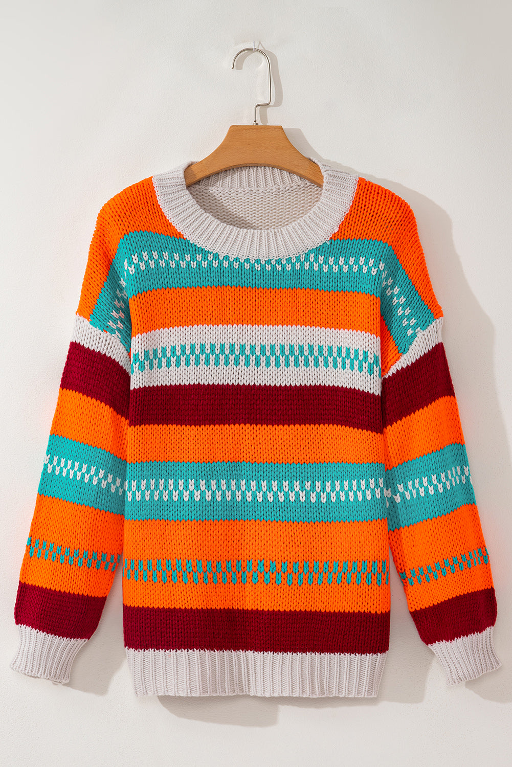 Contrast Striped Round Neck Long Sleeve Sweater - Charming Charlie