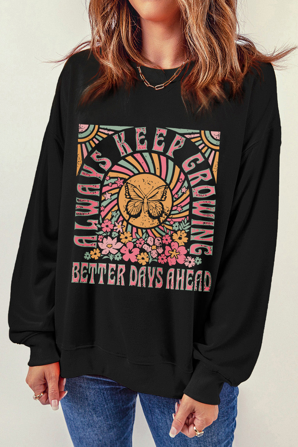 Graphic Round Neck Long Sleeve Sweatshirt - Charming Charlie