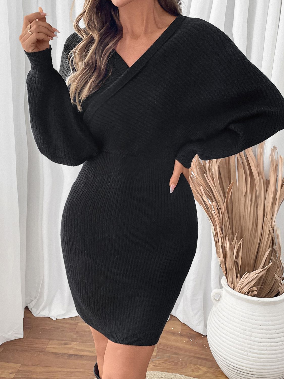 Perfee Surplice Long Sleeve Sweater Dress - Charming Charlie
