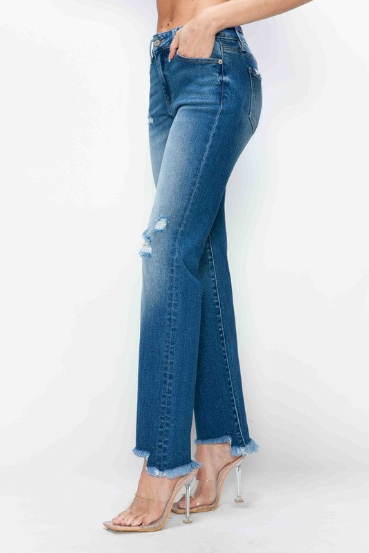 bytos Full Size Raw Hem Distressed Mid Rise Straight Jeans - Charming Charlie