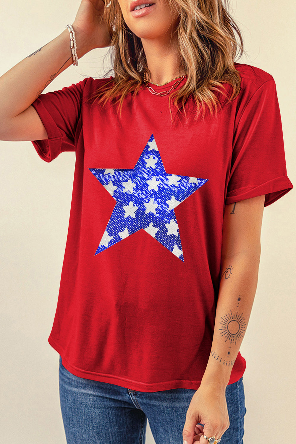 Sequin Star Round Neck Short Sleeve T-Shirt - Charming Charlie