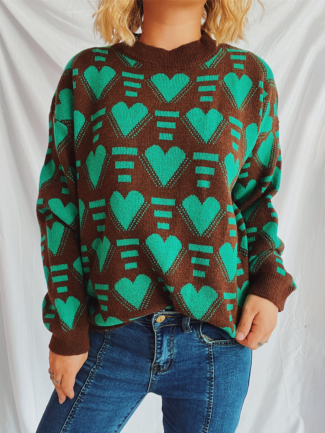 Heart Contrast Long Sleeve Dropped Shoulder Sweater - Charming Charlie