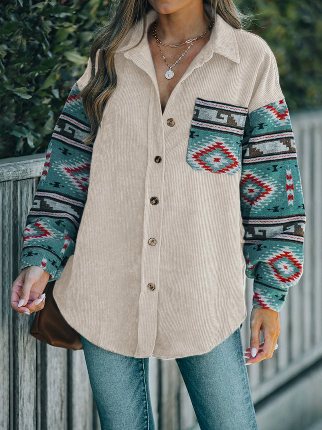 Perfee Pocketed Geometric Collared Neck Shacket - Charming Charlie
