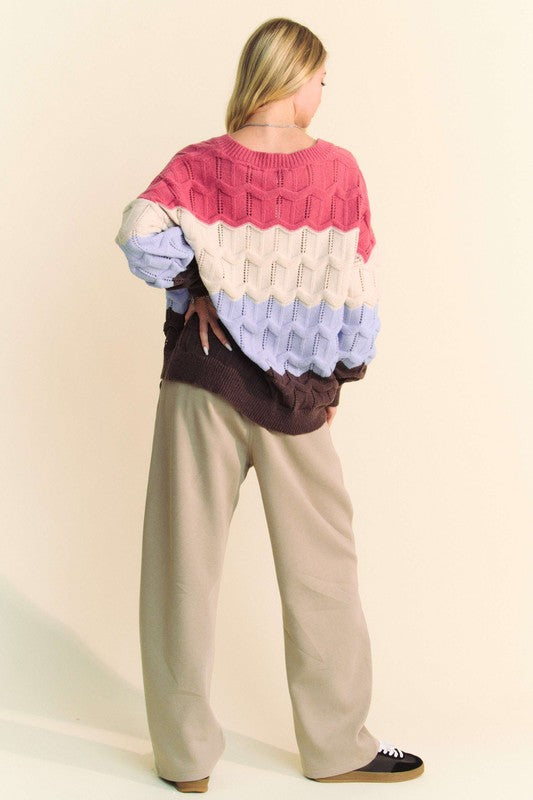 Davi & Dani Wavy Texture Color Block V-Neck Sweater - Charming Charlie