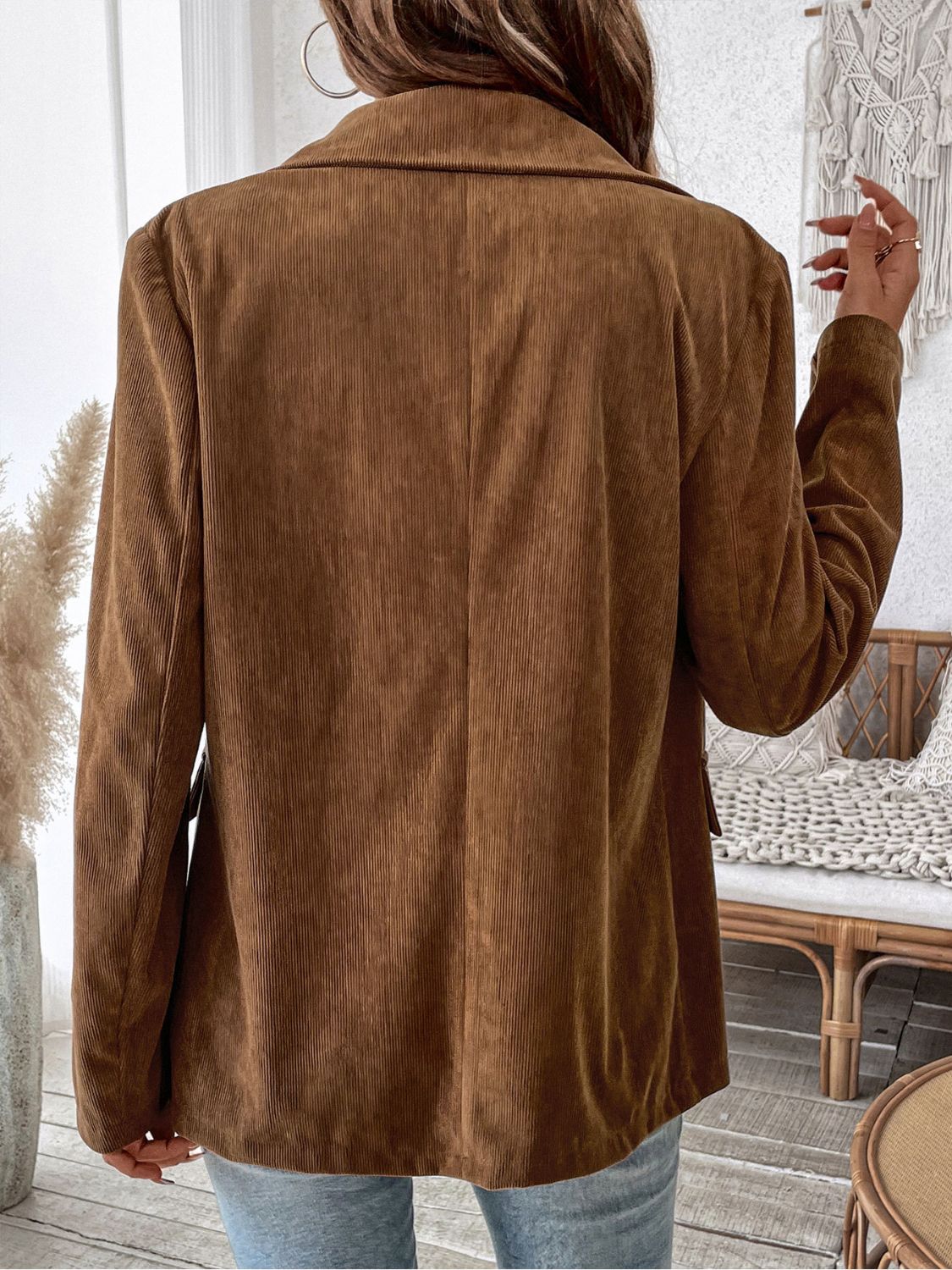 Perfee Decorative Pocket Flap Lapel Collar Long Sleeve Outerwear - Charming Charlie
